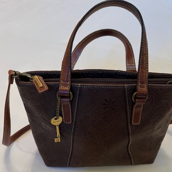 FOSSIL | Brown Floral Tooled Embossed Leather Crossbody or Handbag-EUC - Picture 2 of 16